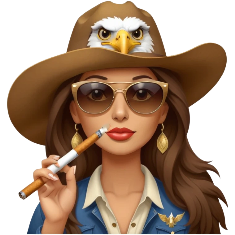 Country woman in cowboy hat with long brown hair with sunglasses with bald eagle on her shoulder and a cigarette in her mouth  emoji