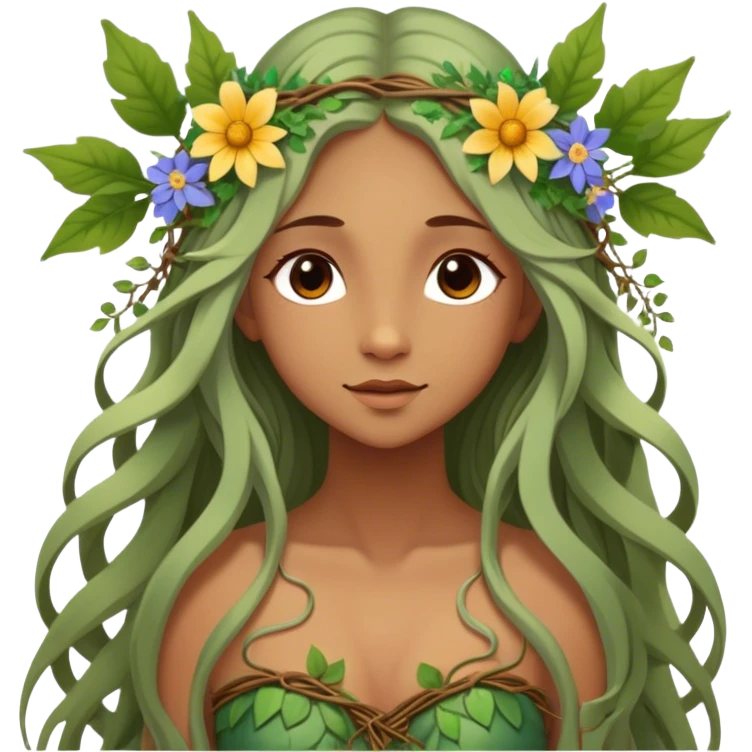 Cinematic Realistic Forest Nymph Fairy Portrait, depicted with lifelike, sun-kissed tanned skin that radiates an earthy glow, softly illuminated by natural, dappled light. Her long, flowing hair is intricately detailed and interwoven with delicate vines and wildflowers, while her deep, soulful eyes mirror the wisdom of the forest. Dressed in an attire inspired by nature’s palette—with subtle botanical motifs—the portrait exudes a soft, enchanted glow that melds realism with woodland magic. emoji