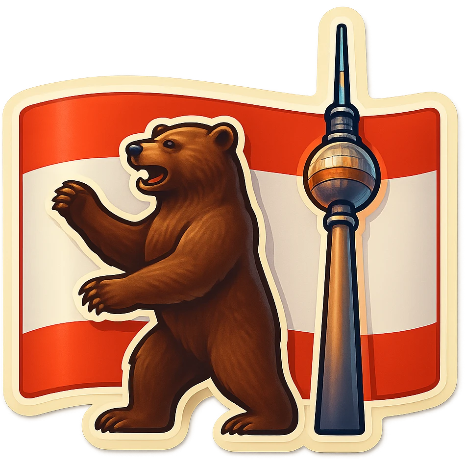 Create an emoji of the Berlin Bear standing next to the Berlin TV Tower, less cartoonish, with the Berlin flag as the background, no text. The style should be retro stickers style with clear and vibrant colors, maintaining the iconic features of the Berlin Bear but with a more realistic and less cartoonish look, and the Berlin TV Tower clearly visible next to the bear. emoji