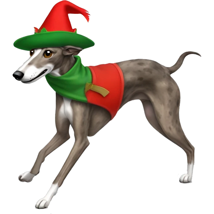 running brindle greyhound with green velt Robin Hood hat and small red feather emoji
