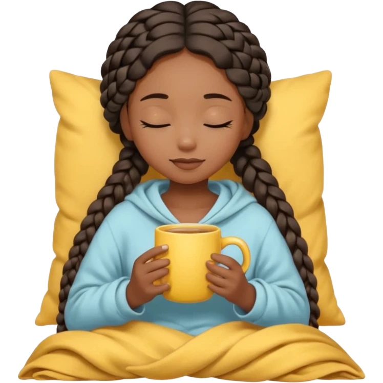 black girl with eyes closed, long braids, light bow in hair, light beige blanket, holding a yellow mug, soft cute emoji style emoji
