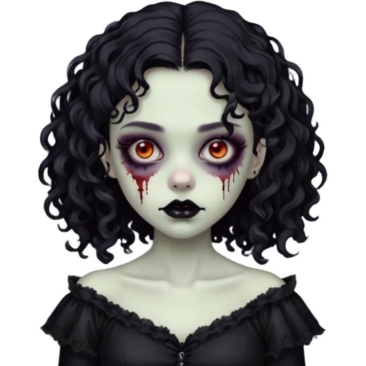 garota zombie com roupa gótica, batom preto e cabelos pretos e cacheados na altura do ombro emoji