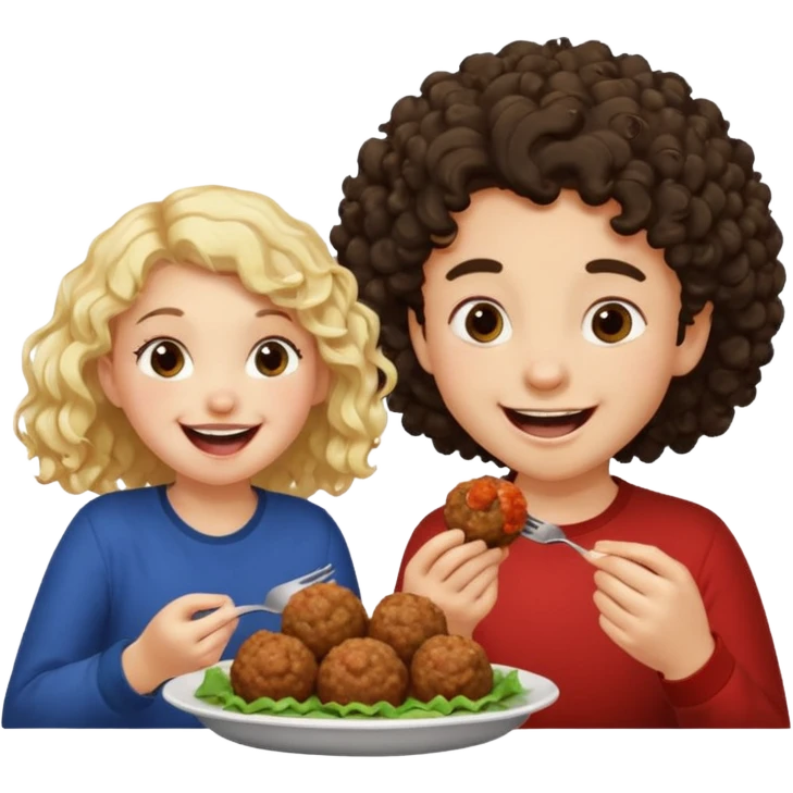 Ragazza bionda leggermente riccia che ride ad un ragazzo con i capelli ricci scuri mentre mangia polpette emoji