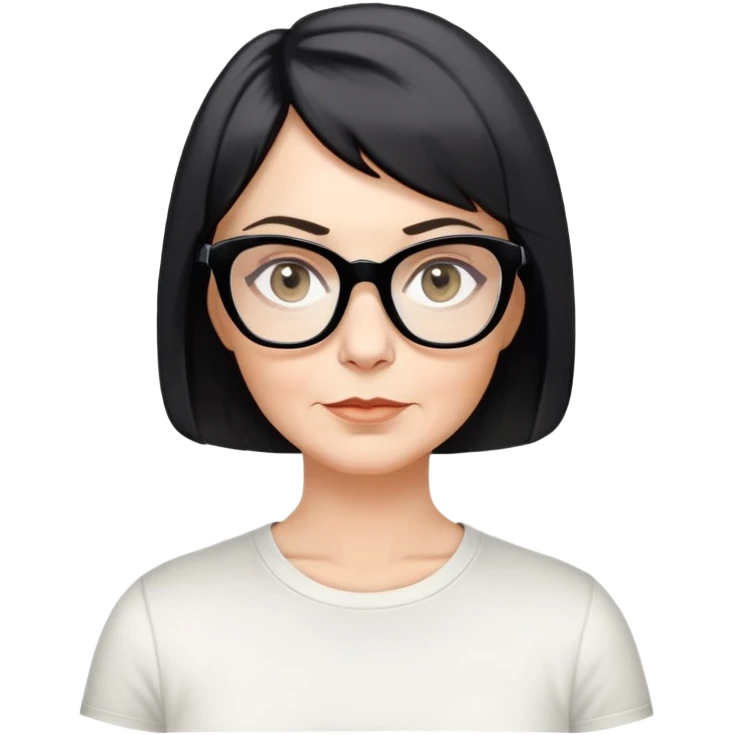 white woman, about 50 years old, light warm skin, short black bob haircut with slight waves at ends, neutral-determined expression, large black shiny butterfly or cat-eye glasses, white casual t-shirt, calm and creative energy emoji