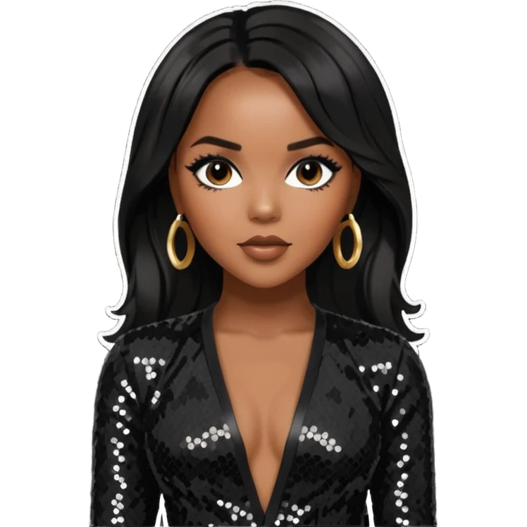 LeToya Luckett with long black hair, black sequin outfit emoji