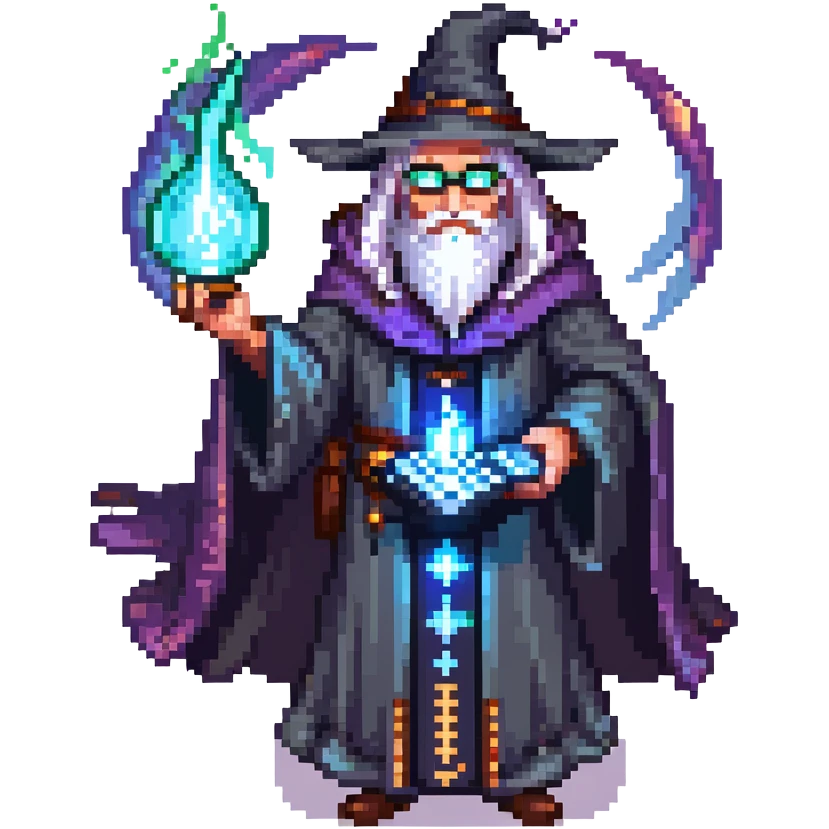powerful wizard coding on a glowing magical keyboard, no laptop, mystical aura surrounding him, confident expression, looks like the ultimate boss of coding, wearing impressive dark robe emoji