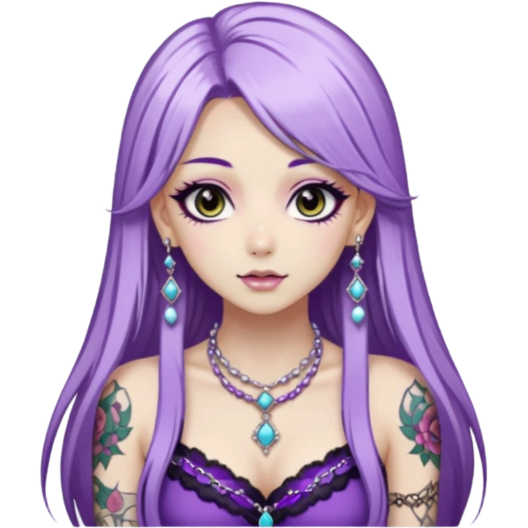 hime gyaru girl, long straight white and purple hair, tattoos, dark makeup,  emoji