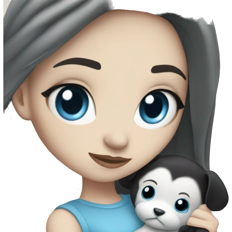 white Girl with black hair and blue eyes playing with plushy emoji