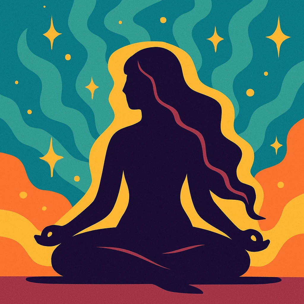 silhouette of a figure with flowing curves, radiating stillness and mystery, surrounded by shimmering energy emoji
