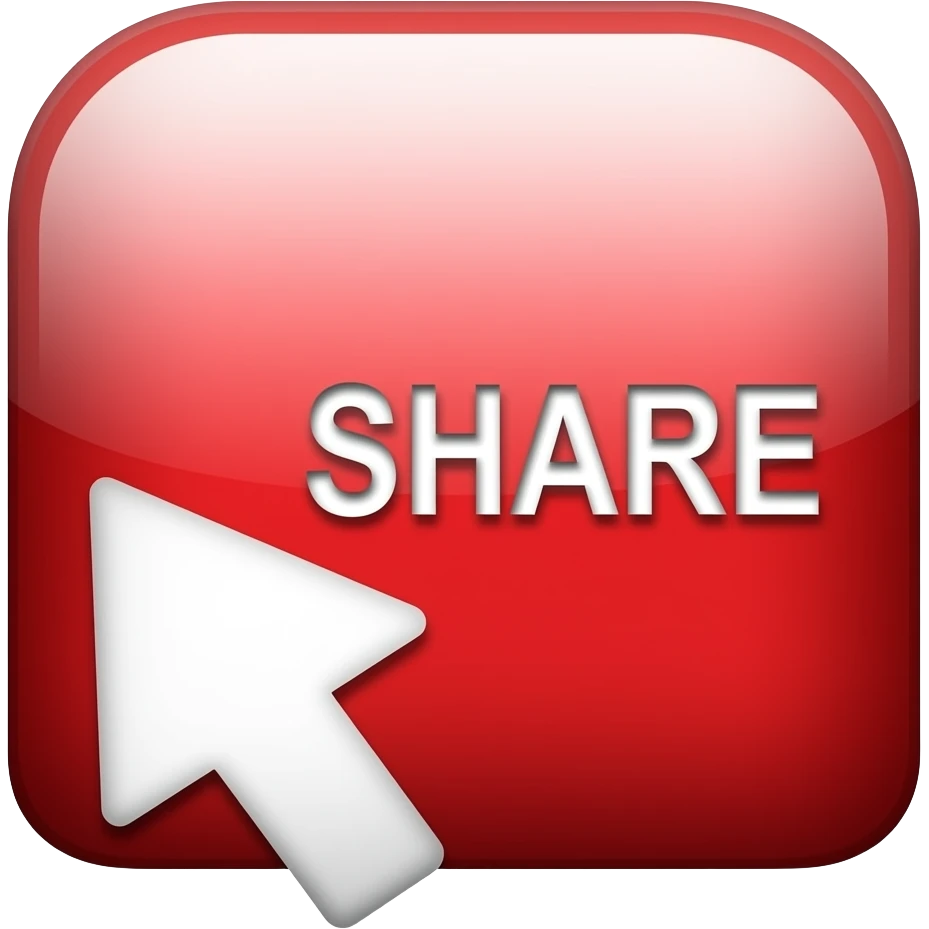Glossy red rounded rectangle button, bold white text “SHARE”, white curved arrow icon on the left, 3D style, strong shadow, bright highlight, centered, transparent background, high contrast, YouTube style UI emoji
