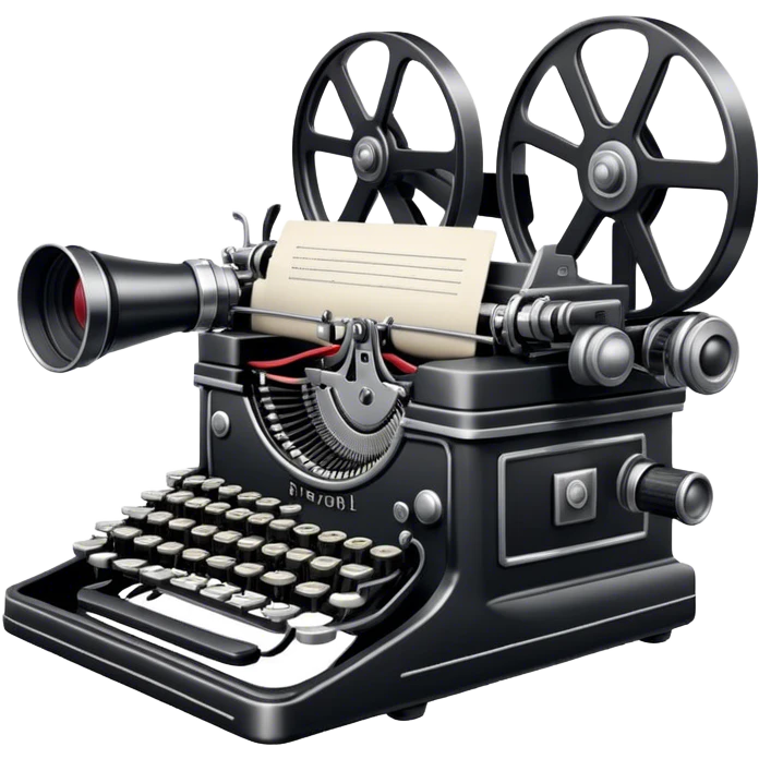 Create an emoji representing screenwriting. The design should feature an open script with visible dialogue and action lines, symbolizing the writing of a screenplay. Add a movie camera next to the script to emphasize the cinematic aspect of screenwriting. Include a classic typewriter to signify the process of creating a script. Use a professional color palette with black, white, and subtle metallic tones. Do not include any emojis or smiley faces. Make the background transparent. emoji