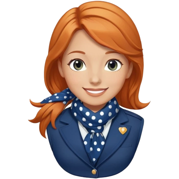 A stewardess with russet hair and grey eyes smiling. She is wearing a dark blue jacket. Under the jacket she is wearing a blue waistcoat. She is wearing a blue scarf with white polka dots around her neck. emoji