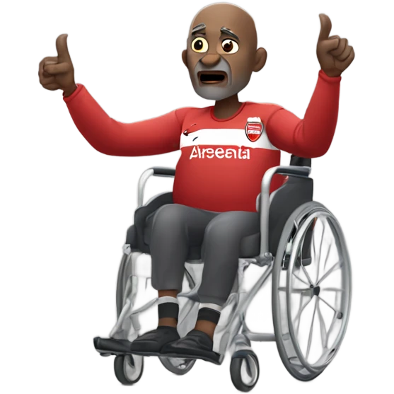 old black bald man with a round belly in wheelchair. angry face. grey stubble. he is pointing finger in front. wearing Arsenal soccer shirt. a speech bubble with the word: "Mojdeh!" emoji