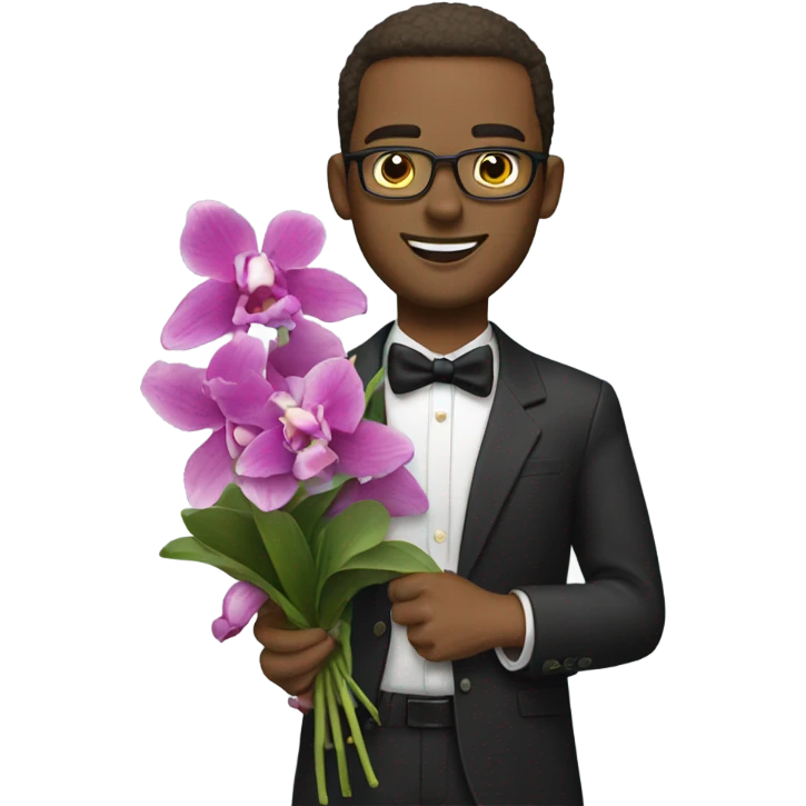 Guy in suite holding a bouquet of orchids  emoji
