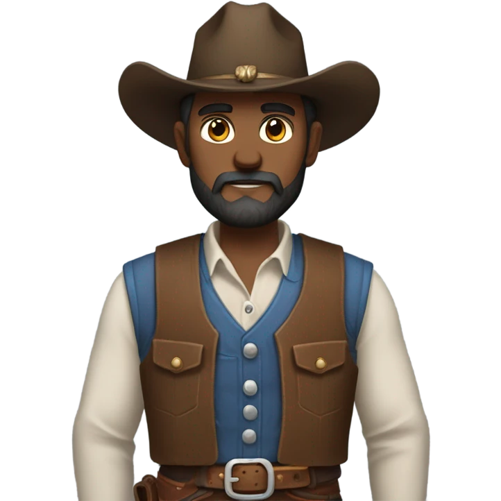 a rugged cowboy with a thick beard, wearing a blue vest over a classic western shirt and a brown belt with a silver buckle. He should have a confident stance, showing full torso emoji