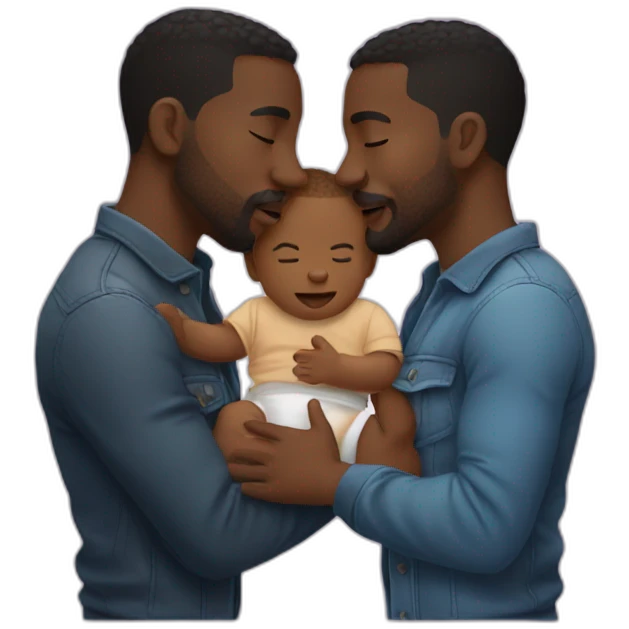 Two black gay men kissing with a baby emoji