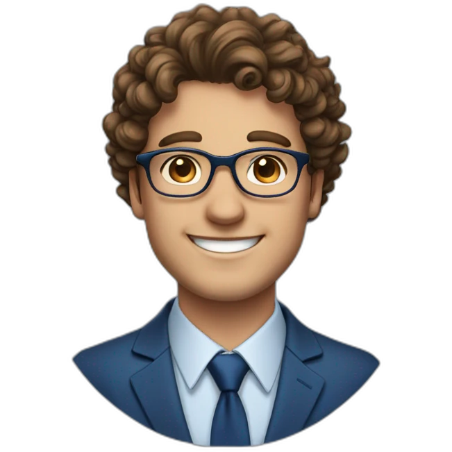 Young big Business man with brown curly hair, sidecut and round Glasses, smiling, european, blue suit, without tie emoji
