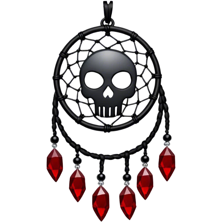 Blood-red, bloody, obsidian-black, edgy, dream catcher, red gemstones, black wires, black threads, tiny white skull, emoji