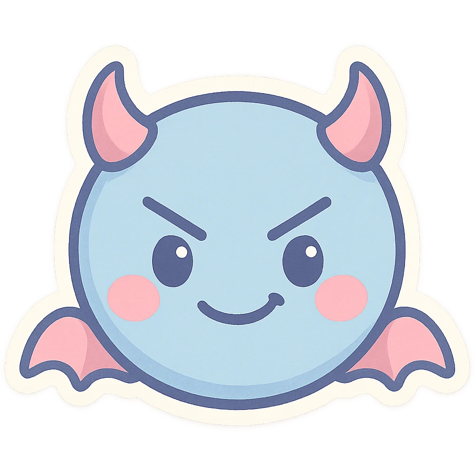 devil emoji, chibi style, pastel palette, blue and pink, tiny horns, cute but mischievous expression emoji