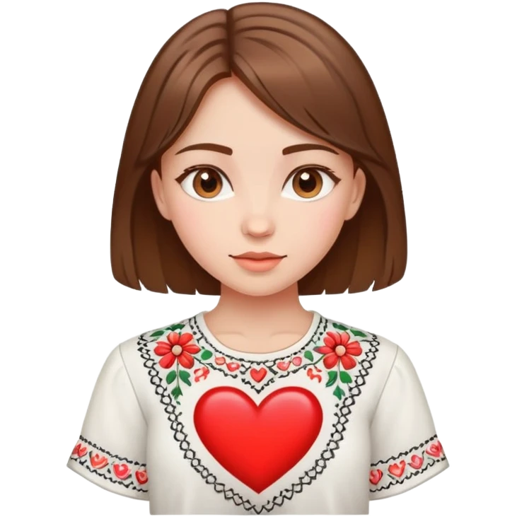 beautiful young girl with brown hair wearing a white Ukrainian embroidered shirt with a big heart design emoji
