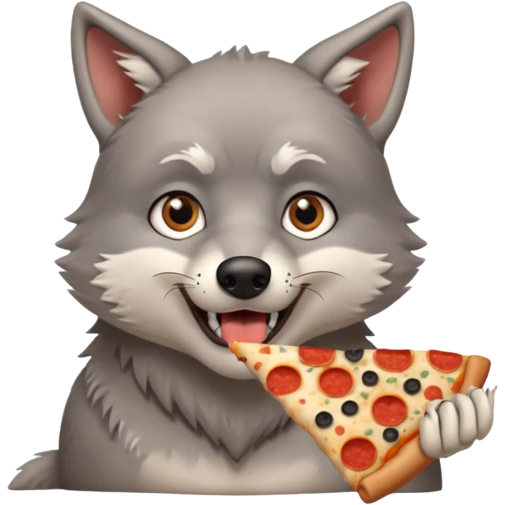 a sitting surprised grey wolf eating a piece of pizza emoji emoji