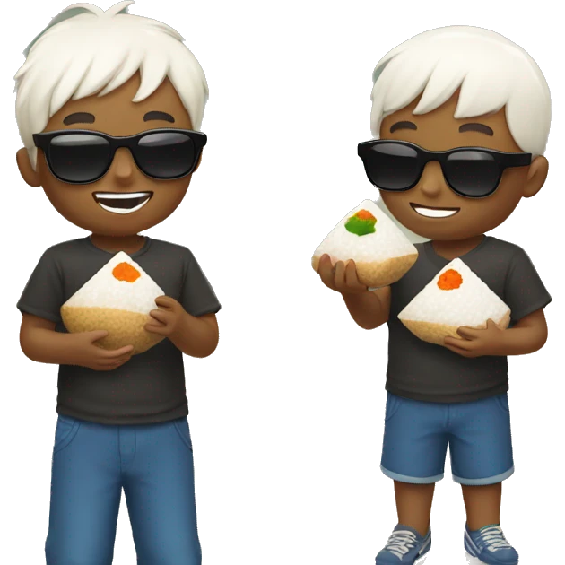 two boys with sunglasses eating onigiri emoji