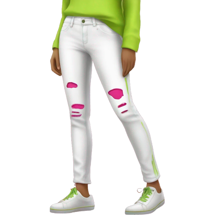 Realistic isolated side view of a pair of white jegging pants with lime green and hot pink distressed brushed colors on them. emoji