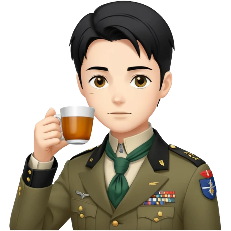 Levi Ackerman drinking tea, with black undercut hair, Scout Regiment uniform and cravat emoji