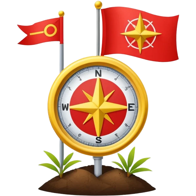 A minimal emoji of a compass pointing toward a planted flag. Flat design, confident colors, modern emoji style. Represents choosing direction and seeing it through to completion. Avoid corporate or motivational poster aesthetics. emoji