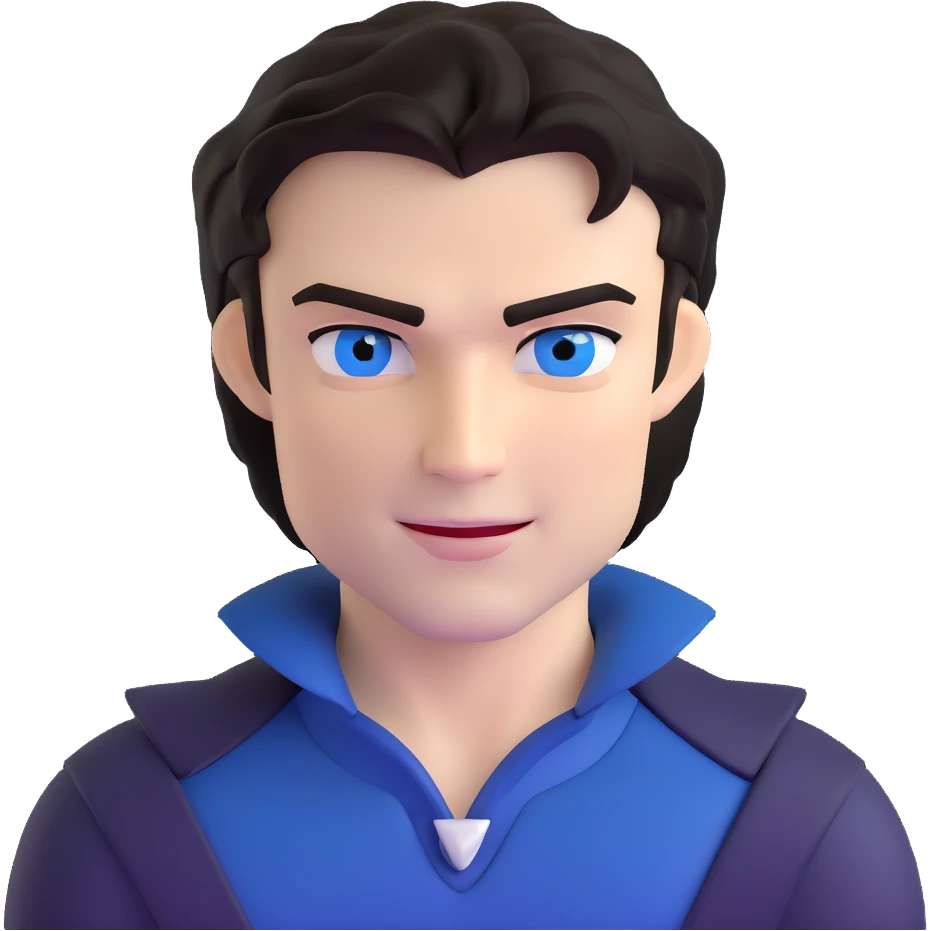 Damon Salvatore as a vampire with dark hair, blue eyes, fangs, confident smirk emoji