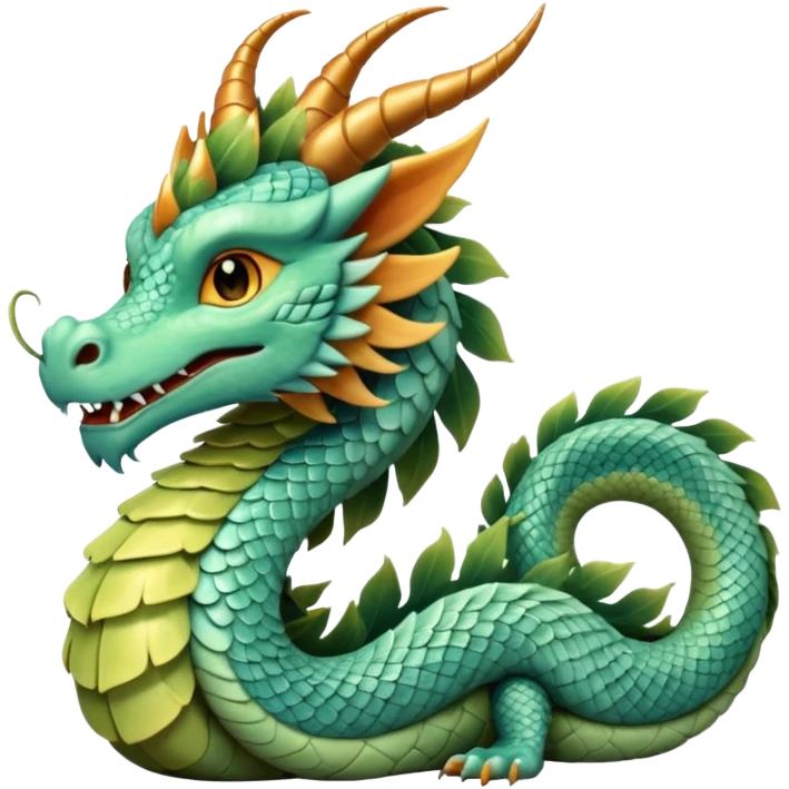  serpent dragon. Slim, serpentine body with smooth scales in soft blues and greens. Fluffy leaf plumes replace the tail fins, and a terracotta crown-like crest adorns its head. Gentle amber eyes. it should be similar to traditional chinese dragons. emoji