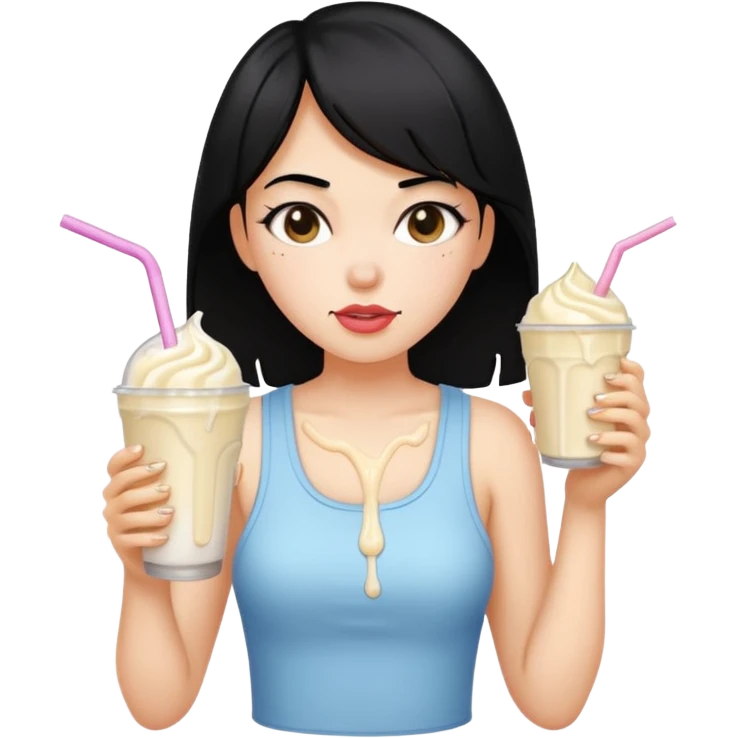 A girl with black hair and the milkshake as her boobs emoji