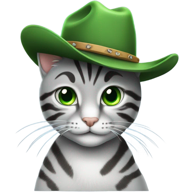 A silver tabby cat With green wearing a cow boy hat emoji