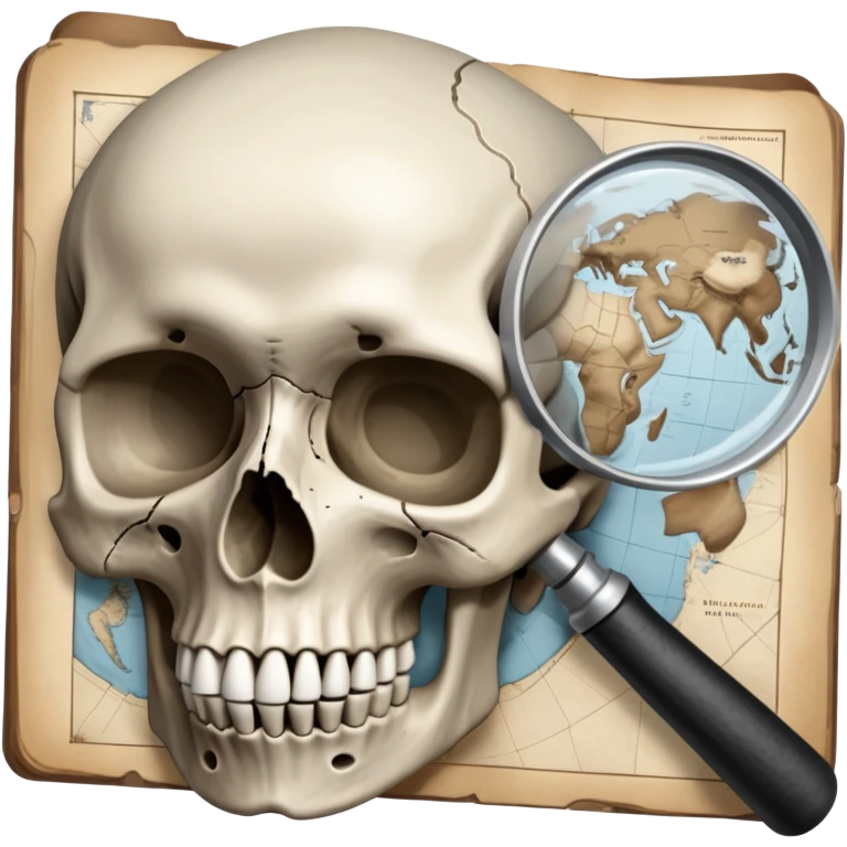 An icon featuring a human skull and fossils, representing anthropology. The design includes a magnifying glass and a map of ancient human migration paths, symbolizing the study of human evolution and cultures. Transparent background highlights the scientific exploration of humanity’s past. emoji