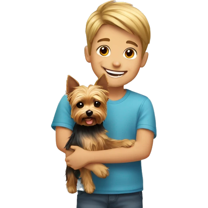 smiling boy with yorkie dog indoors emoji