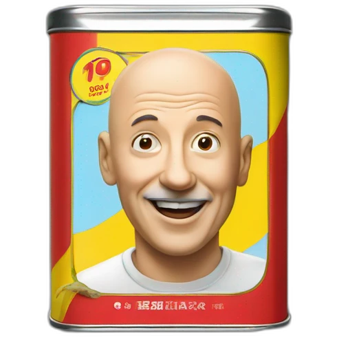 rectangular tin of anchovies with a photo of a bald man on the side, red blue yello colors emoji