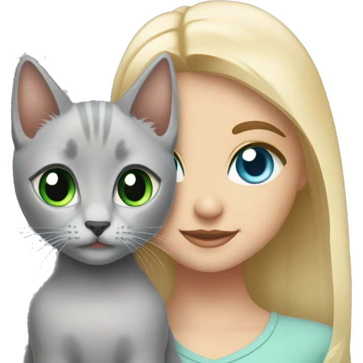blue eyes grey kitten and green eyes blonde girl are friends emoji