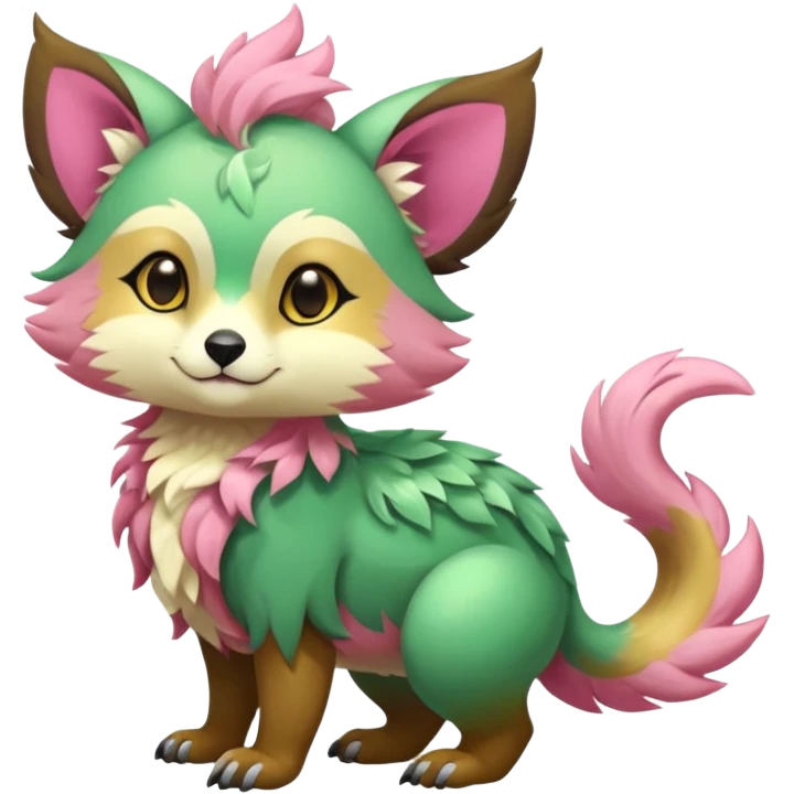 Colorful brown with rose pink, yellow-beige-cream, jade-green tropical exotic shiny beautiful fantasy-Vernid-Cacomistle-animal-Fakémon-hybrid-fursona (full body) emoji
