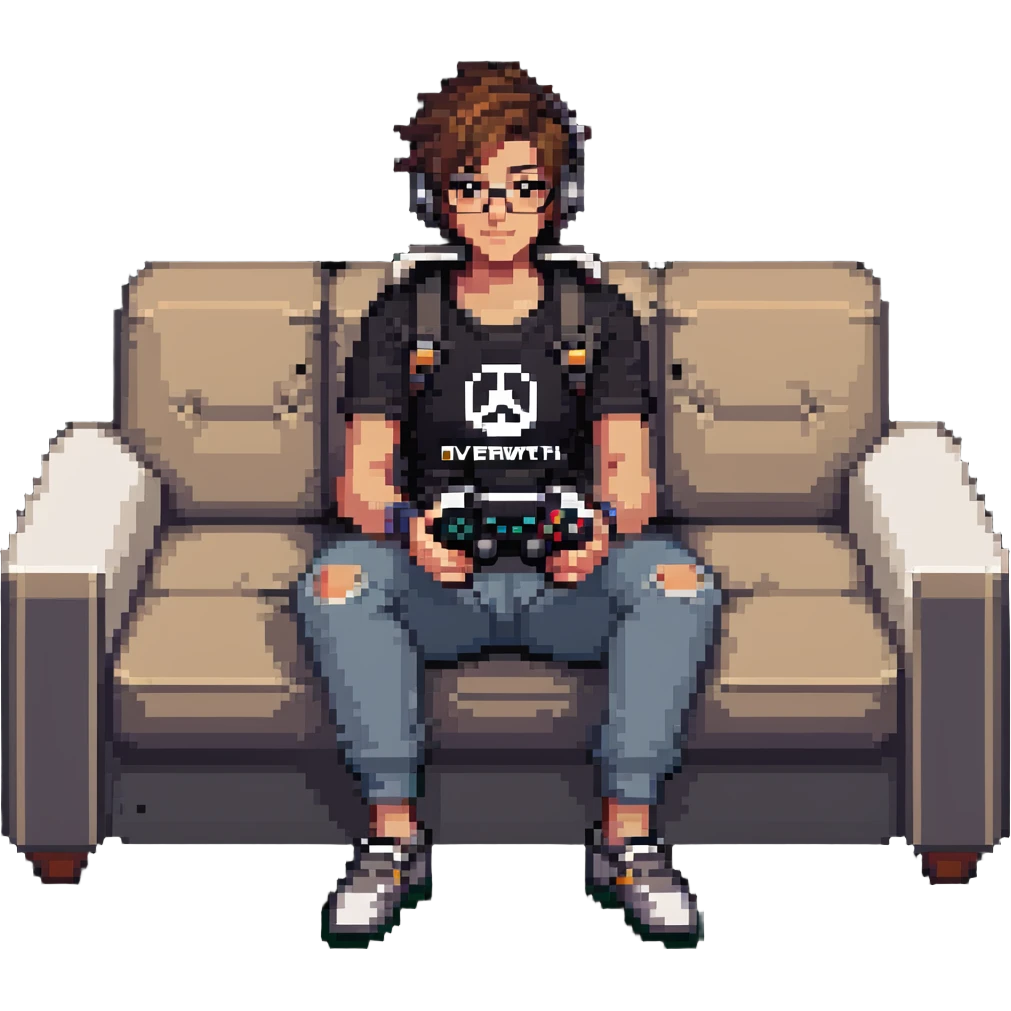 an Overwatch fan sitting on a couch with a controller, looking relaxed emoji