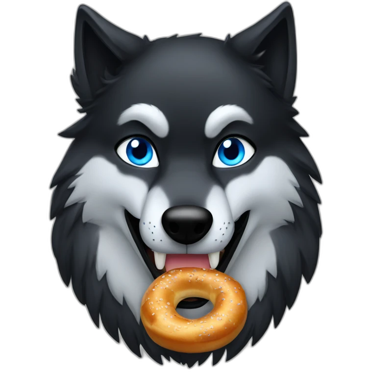 a full black wolf with blue eyes eating a bretzel emoji