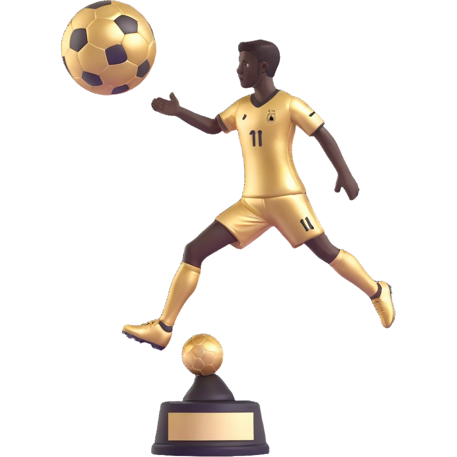 Add a footballer silhouette to the Ballon d'Or trophy, keeping the 3D emoji style with gold glossy finish and minimal background, no background included. emoji