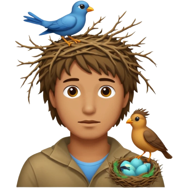 Man who has a birds nest on top of his head for hair emoji