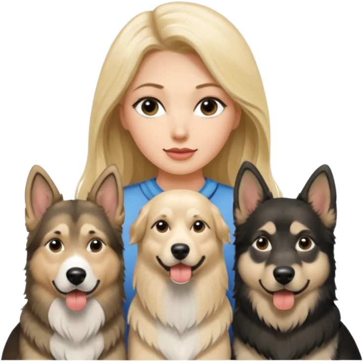 a lady, blonde long hair with 2 german shepards and one black and white alaskan malanute emoji