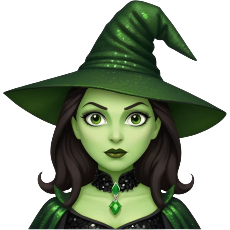 The Wicked Witch from Oz with long dark brown hair, black sequin outfit, green skin emoji