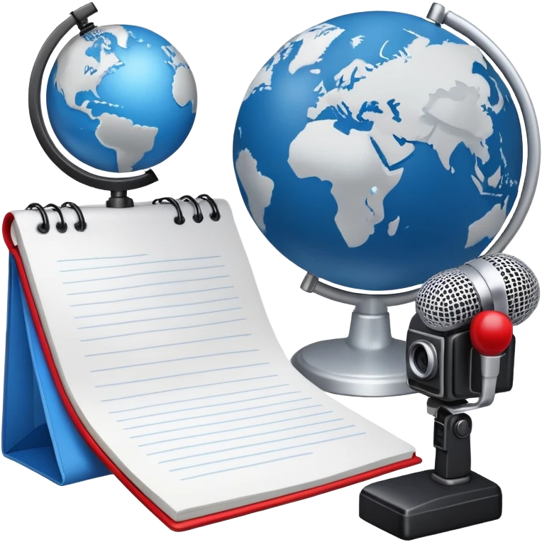 An icon showing a microphone, a notepad, and a camera, symbolizing journalism. The design includes a globe in the background, representing global news, and a breaking news banner for emphasis. Transparent background highlights the dynamic world of media and reporting. emoji