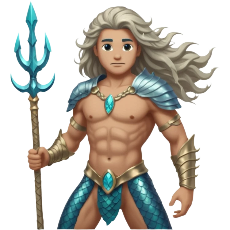 portrait of a muscular merman warrior with dark aqua scales, silver armor pieces on shoulders and arms, holding a glowing trident, stern expression, long flowing hair, underwater battle stance emoji