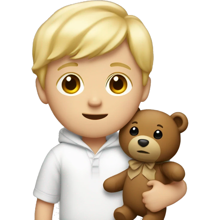A little white boy with blond hair, in brown pajamas with a teddy bear in his hands emoji