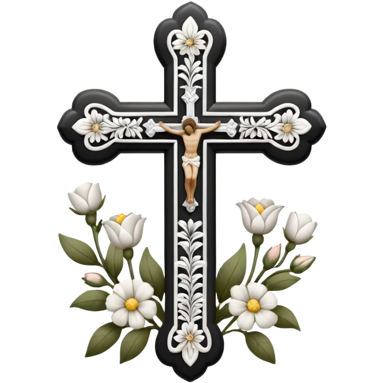 a black and white detailed cross with flowers over lapping emoji