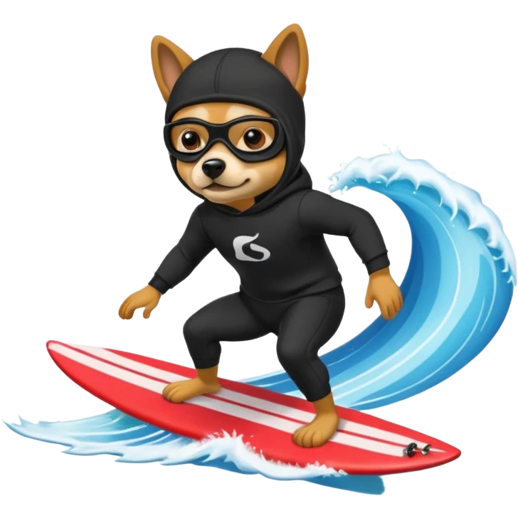 A dog with a black hoodie and a ski mask surfing emoji