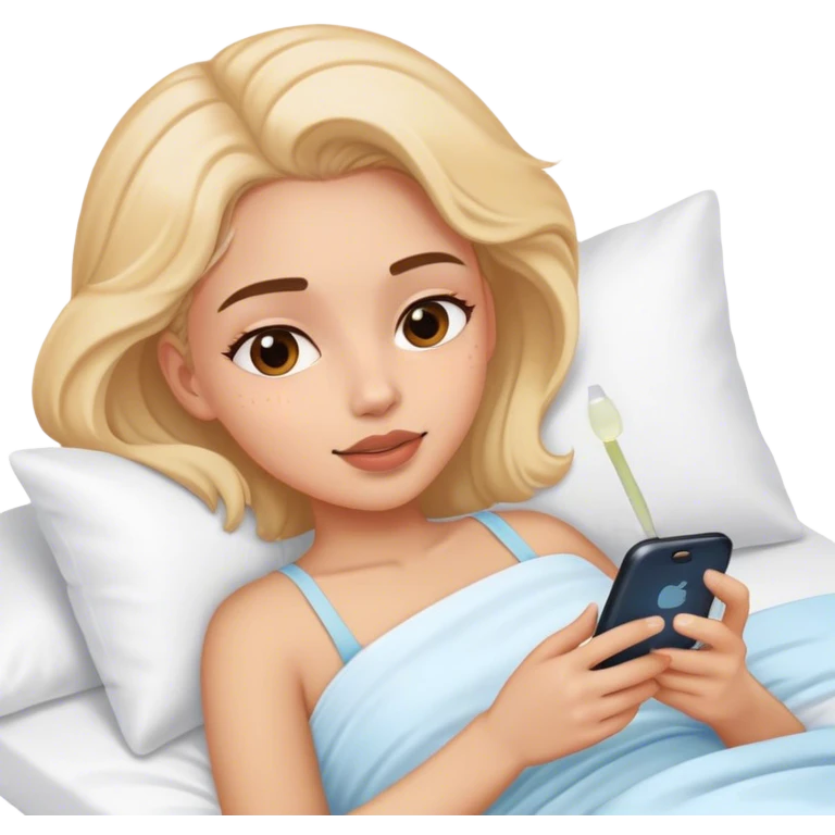 Girl having skincare on, laying In bed using phone  emoji